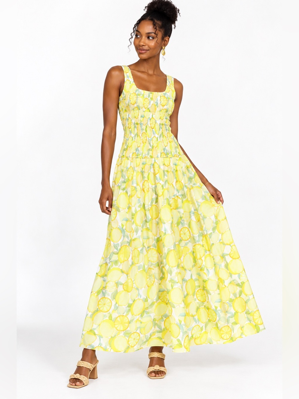 AVEC LES FILLES Lemon Print Smocked Fit & Flare Maxi Dress Women’s Size Medium